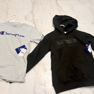 Champion Hoodie Black, Boys Medium (10-12) +Grey T-Shirt, New w tags, Lot Of 2
